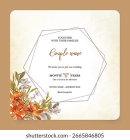WEDDING INVITATION FRAME WITH FLOWER DECORATIONS AND FRESH LEAVES