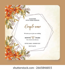 WEDDING INVITATION FRAME WITH FLOWER DECORATIONS AND FRESH LEAVES