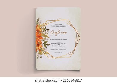 WEDDING INVITATION FRAME WITH FLOWER DECORATIONS AND FRESH LEAVES