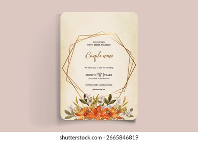 WEDDING INVITATION FRAME WITH FLOWER DECORATIONS AND FRESH LEAVES