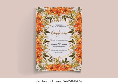 MARCO DE INVITACIÓN DE BODA CON DECORACIONES FLORALES Y HOJAS FRESCAS