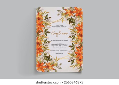 WEDDING INVITATION FRAME WITH FLOWER DECORATIONS AND FRESH LEAVES