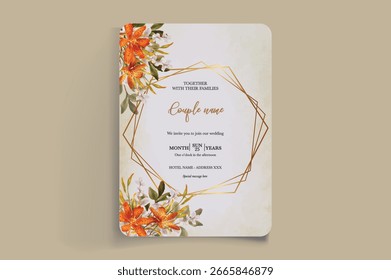 WEDDING INVITATION FRAME WITH FLOWER DECORATIONS AND FRESH LEAVES