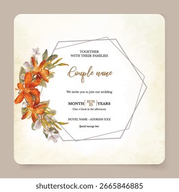 QUADRO DE CONVITE DE CASAMENTO COM DECORAÇÕES DE FLORES E FOLHAS FRESCAS