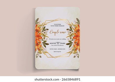 QUADRO DE CONVITE DE CASAMENTO COM DECORAÇÕES DE FLORES E FOLHAS FRESCAS