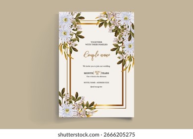WEDDING INVITATION FRAME WITH FLOWER DECORATIONS AND FRESH LEAVES
