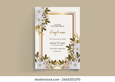 WEDDING INVITATION FRAME WITH FLOWER DECORATIONS AND FRESH LEAVES