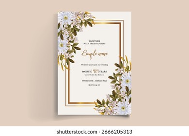 WEDDING INVITATION FRAME WITH FLOWER DECORATIONS AND FRESH LEAVES