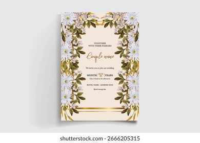 WEDDING INVITATION FRAME WITH FLOWER DECORATIONS AND FRESH LEAVES