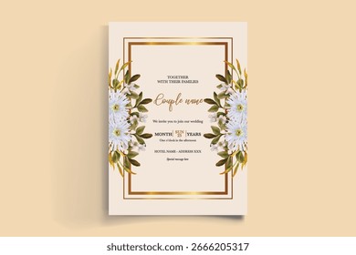 HOCHZEITSEINLADUNGSRAHMEN MIT BLUMENDEKORATIONEN UND FRISCHEN BLÄTTERN