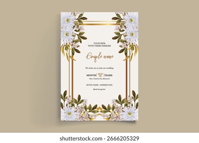 HOCHZEITSEINLADUNGSRAHMEN MIT BLUMENDEKORATIONEN UND FRISCHEN BLÄTTERN