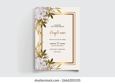 WEDDING INVITATION FRAME WITH FLOWER DECORATIONS AND FRESH LEAVES