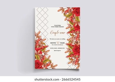 HOCHZEITSEINLADUNGSRAHMEN MIT BLUMENDEKORATIONEN UND FRISCHEN BLÄTTERN