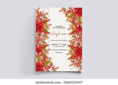 WEDDING INVITATION FRAME WITH FLOWER DECORATIONS AND FRESH LEAVES
