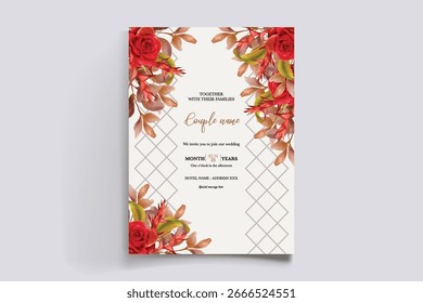 WEDDING INVITATION FRAME WITH FLOWER DECORATIONS AND FRESH LEAVES