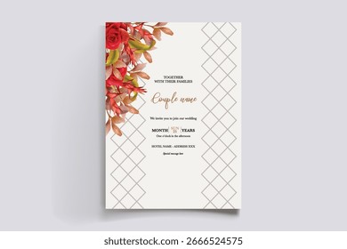 HOCHZEITSEINLADUNGSRAHMEN MIT BLUMENDEKORATIONEN UND FRISCHEN BLÄTTERN
