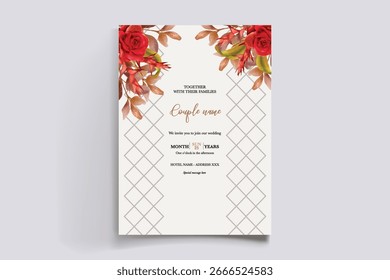 WEDDING INVITATION FRAME WITH FLOWER DECORATIONS AND FRESH LEAVES