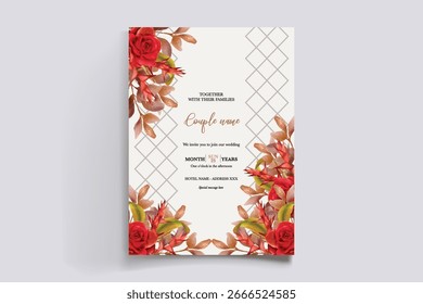 MARCO DE INVITACIÓN DE BODA CON DECORACIONES FLORALES Y HOJAS FRESCAS