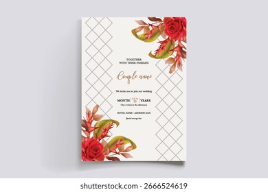 WEDDING INVITATION FRAME WITH FLOWER DECORATIONS AND FRESH LEAVES