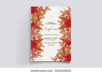 WEDDING INVITATION FRAME WITH FLOWER DECORATIONS AND FRESH LEAVES