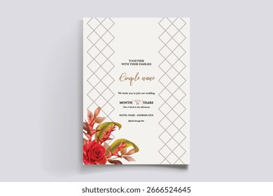 WEDDING INVITATION FRAME WITH FLOWER DECORATIONS AND FRESH LEAVES
