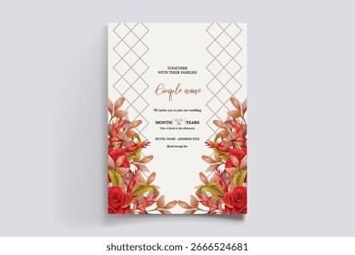 WEDDING INVITATION FRAME WITH FLOWER DECORATIONS AND FRESH LEAVES