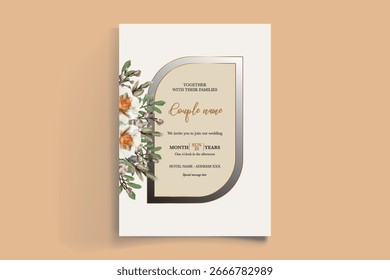 WEDDING INVITATION FRAME WITH FLOWER DECORATIONS AND FRESH LEAVES