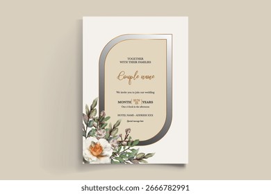 MARCO DE INVITACIÓN DE BODA CON DECORACIONES FLORALES Y HOJAS FRESCAS