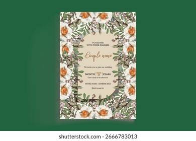 QUADRO DE CONVITE DE CASAMENTO COM DECORAÇÕES DE FLORES E FOLHAS FRESCAS