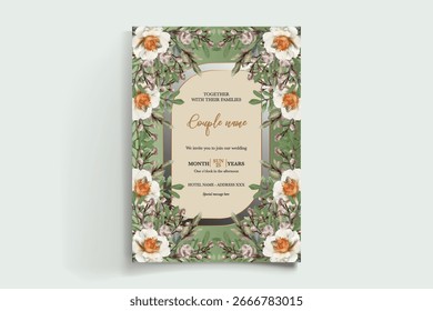 WEDDING INVITATION FRAME WITH FLOWER DECORATIONS AND FRESH LEAVES