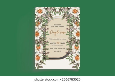 WEDDING INVITATION FRAME WITH FLOWER DECORATIONS AND FRESH LEAVES