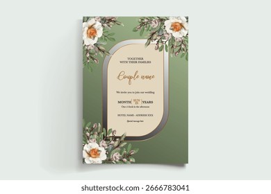 MARCO DE INVITACIÓN DE BODA CON DECORACIONES FLORALES Y HOJAS FRESCAS