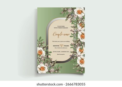 WEDDING INVITATION FRAME WITH FLOWER DECORATIONS AND FRESH LEAVES