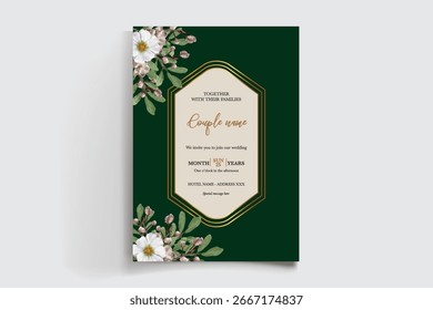 HOCHZEITSEINLADUNGSRAHMEN MIT BLUMENDEKORATIONEN UND FRISCHEN BLÄTTERN