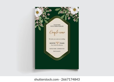 WEDDING INVITATION FRAME WITH FLOWER DECORATIONS AND FRESH LEAVES