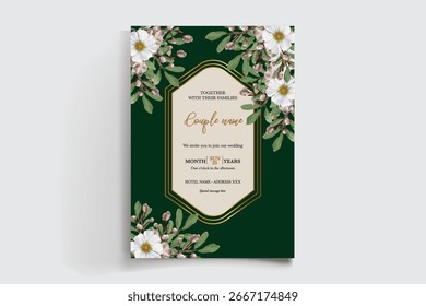 WEDDING INVITATION FRAME WITH FLOWER DECORATIONS AND FRESH LEAVES