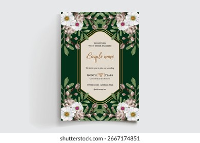 QUADRO DE CONVITE DE CASAMENTO COM DECORAÇÕES DE FLORES E FOLHAS FRESCAS