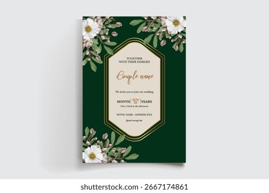MARCO DE INVITACIÓN DE BODA CON DECORACIONES FLORALES Y HOJAS FRESCAS