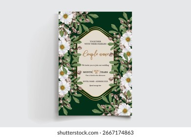 QUADRO DE CONVITE DE CASAMENTO COM DECORAÇÕES DE FLORES E FOLHAS FRESCAS
