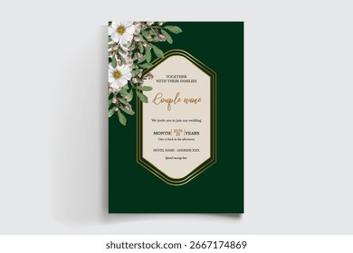 WEDDING INVITATION FRAME WITH FLOWER DECORATIONS AND FRESH LEAVES