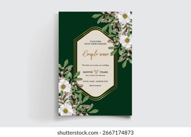 MARCO DE INVITACIÓN DE BODA CON DECORACIONES FLORALES Y HOJAS FRESCAS