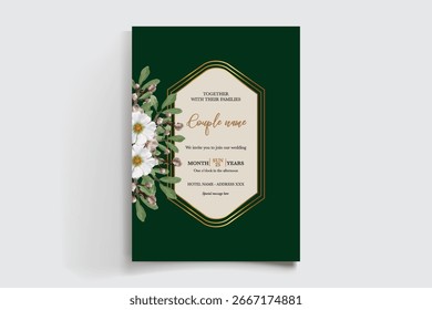 WEDDING INVITATION FRAME WITH FLOWER DECORATIONS AND FRESH LEAVES