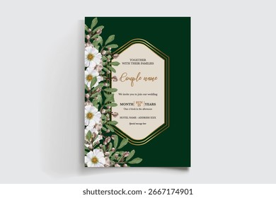 HOCHZEITSEINLADUNGSRAHMEN MIT BLUMENDEKORATIONEN UND FRISCHEN BLÄTTERN