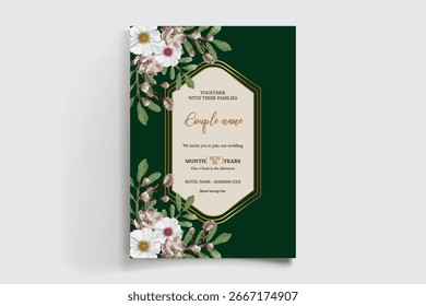 QUADRO DE CONVITE DE CASAMENTO COM DECORAÇÕES DE FLORES E FOLHAS FRESCAS