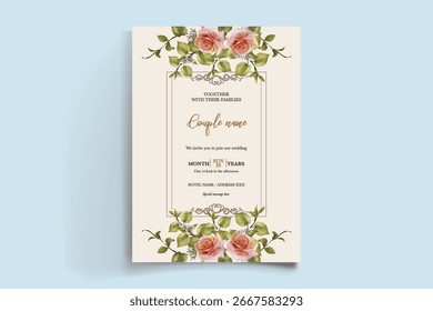 MARCO DE INVITACIÓN DE BODA CON DECORACIONES FLORALES Y HOJAS FRESCAS