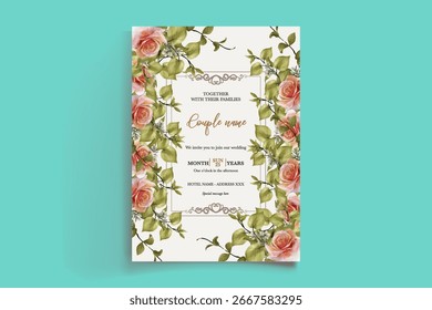 QUADRO DE CONVITE DE CASAMENTO COM DECORAÇÕES DE FLORES E FOLHAS FRESCAS