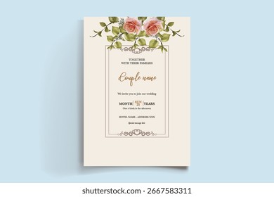 WEDDING INVITATION FRAME WITH FLOWER DECORATIONS AND FRESH LEAVES