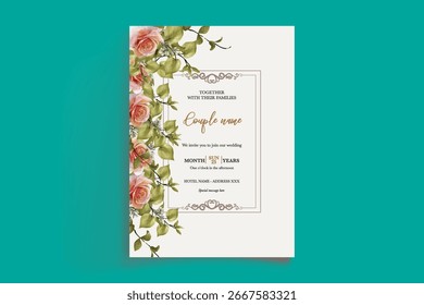 MARCO DE INVITACIÓN DE BODA CON DECORACIONES FLORALES Y HOJAS FRESCAS
