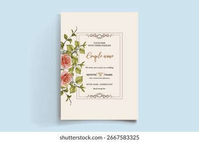 MARCO DE INVITACIÓN DE BODA CON DECORACIONES FLORALES Y HOJAS FRESCAS