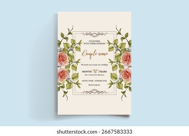 WEDDING INVITATION FRAME WITH FLOWER DECORATIONS AND FRESH LEAVES